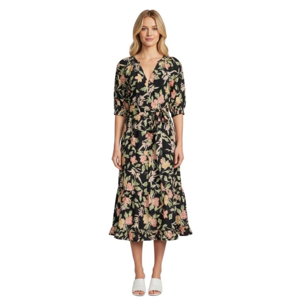 Yumi Kim Simone Midi Dress Medium Black Floral Tiered Boho Cottagecore NWT